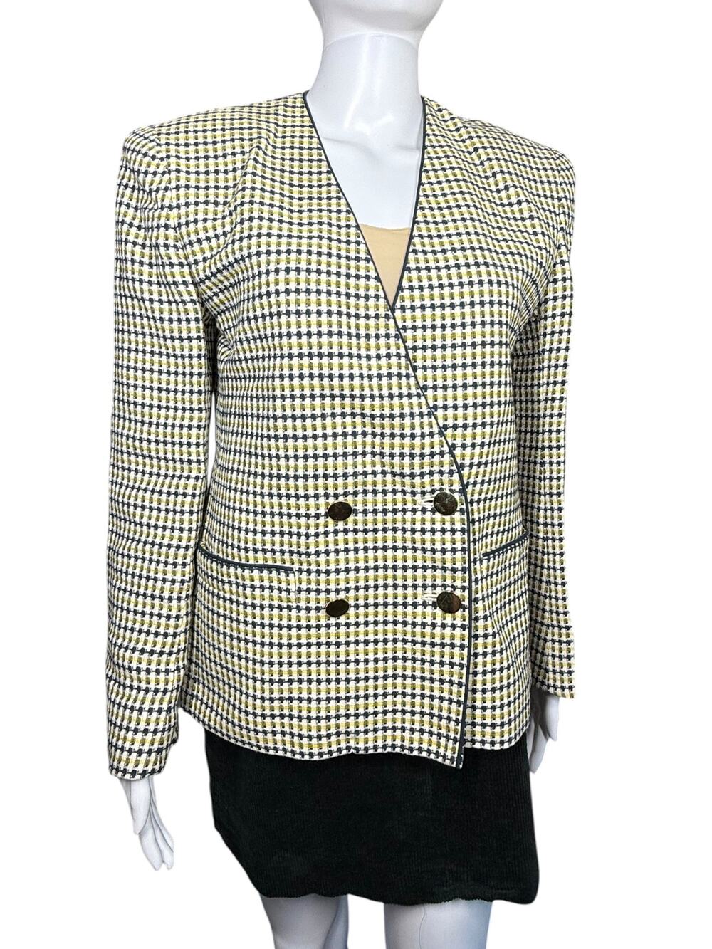 Carlisle Vintage 80s Linen Blend Yellow Blue Houndstooth Blazer Size 8